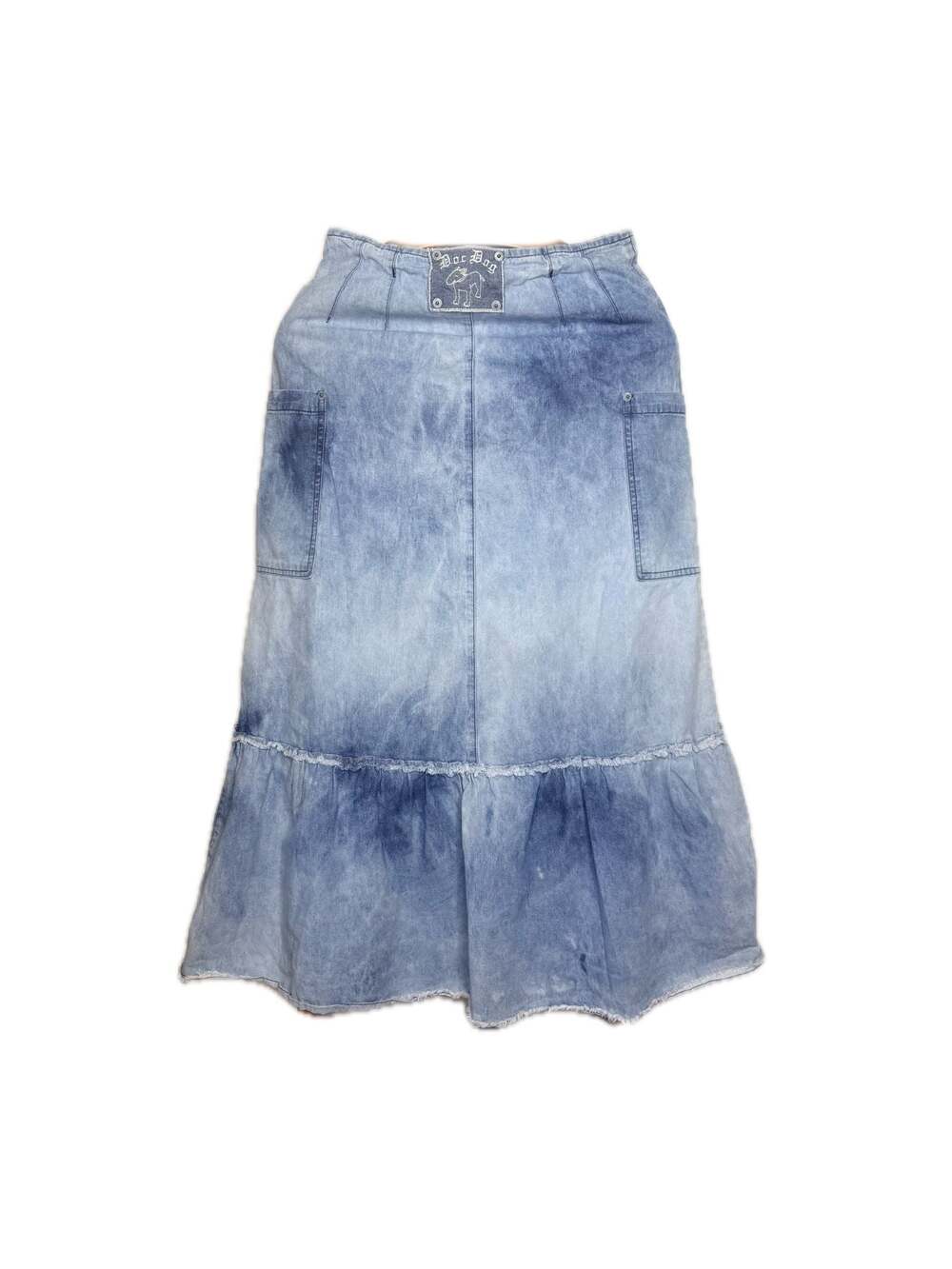 Vintage Doc Dog Acid Wash Denim Tiered Ruffle Maxi Skirt with Floral Detail
